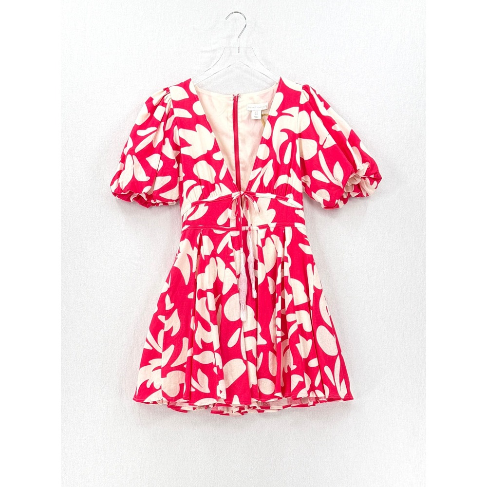 HOUSE OF HARLOW 1960 Mini Dress Women Small Pink Floral Puff Sleeve Tie Front - Picture 3 of 15